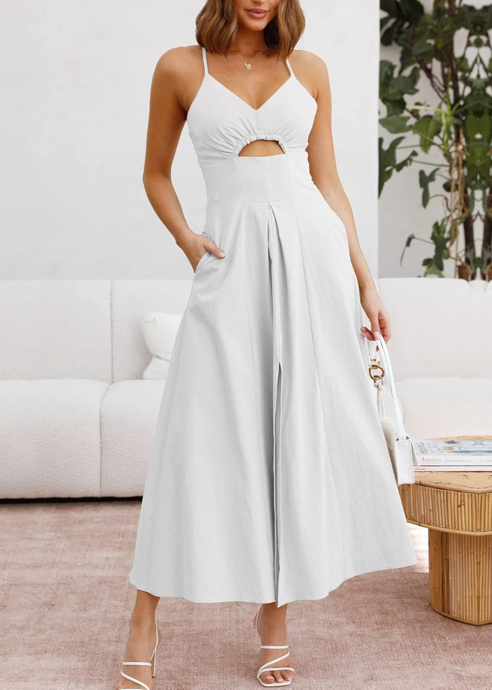 Joly - Sleeveless V Neck Cutout Slit Casual Beach Party Dress with Pockets