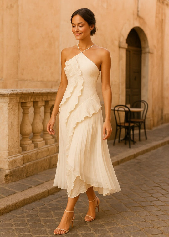Elegant halter-neck dress with cascading ruffles - Vichy Signature
