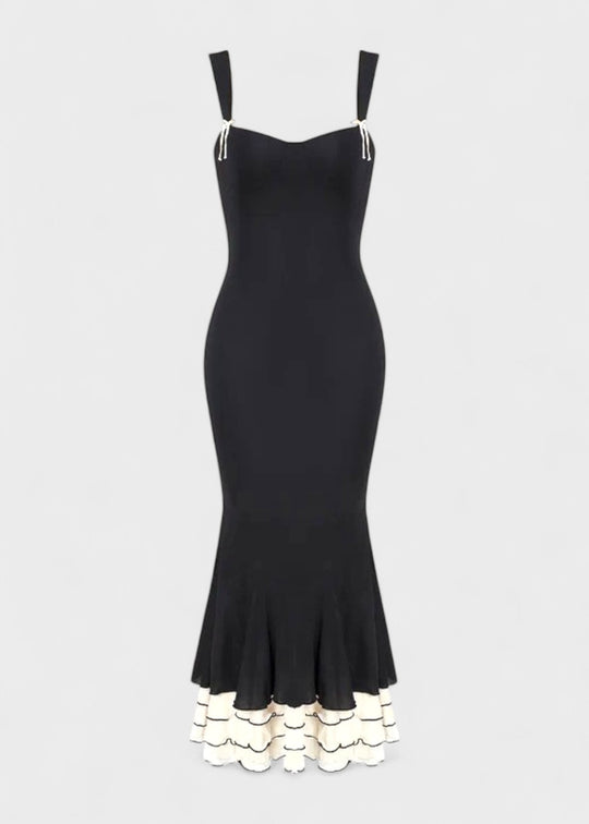 Tight black long dress with sweetheart neckline and thin straps