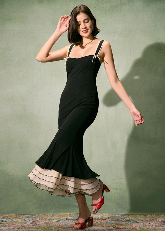Tight black long dress with sweetheart neckline and thin straps