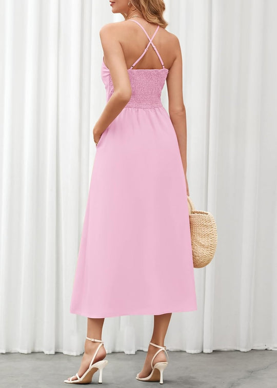 Joly - Sleeveless V Neck Cutout Slit Casual Beach Party Dress with Pockets